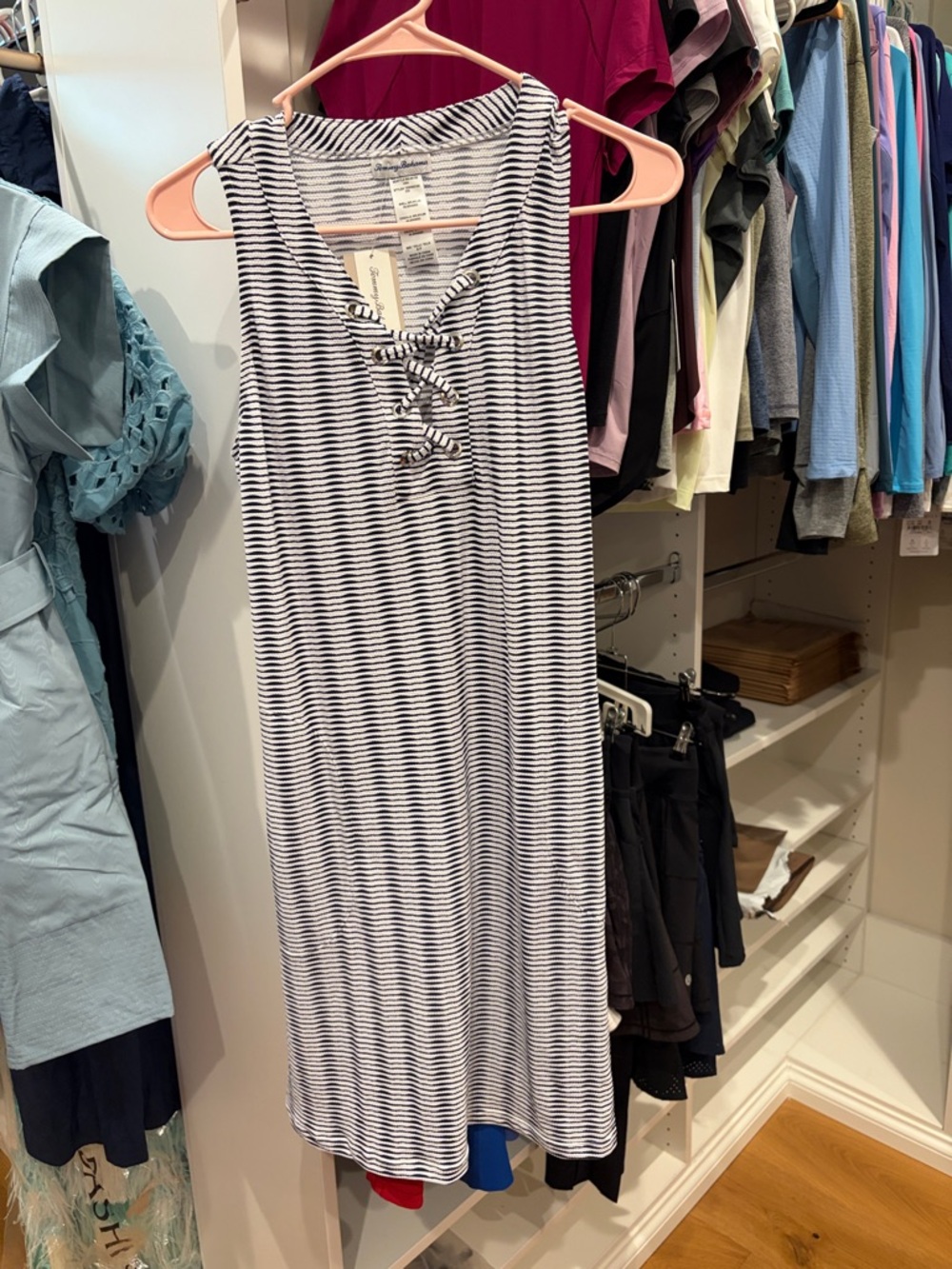 Tommy Bahama Navy and White Striped Lace-Up Sleeveless Maxi Dress